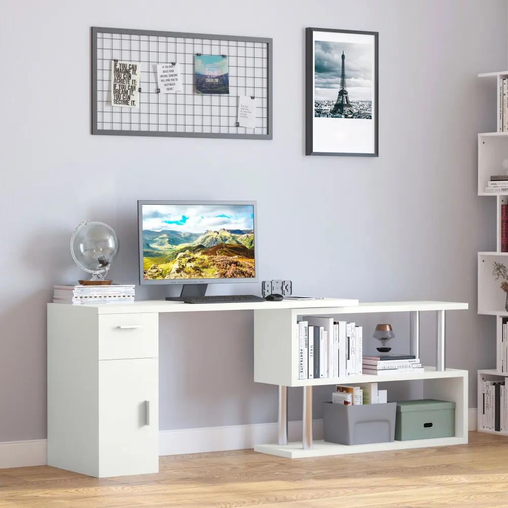 Bureau d'ordinateur rotatif en L avec étagères de rangement, armoire et tiroir, blanc Aosom