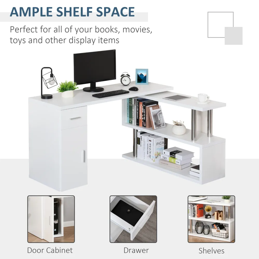Bureau d'ordinateur rotatif en L avec étagères de rangement, armoire et tiroir, blanc Aosom