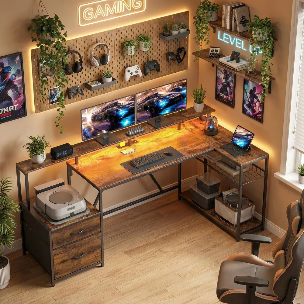 Bureau gaming 76" avec éclairage RGB, ports USB, support pour écran et 2 tiroirs en tissu, marron rustique Aosom
