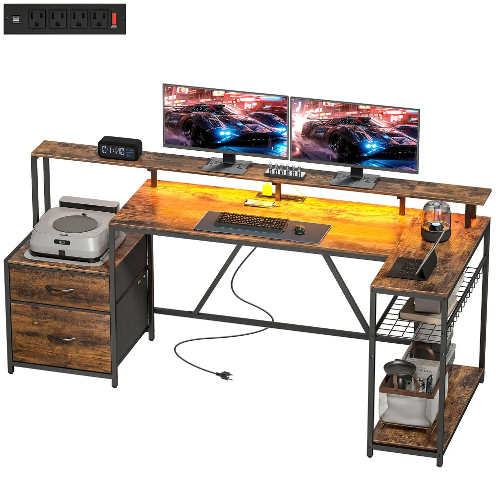 Bureau gaming 76" avec éclairage RGB, ports USB, support pour écran et 2 tiroirs en tissu, marron rustique Aosom