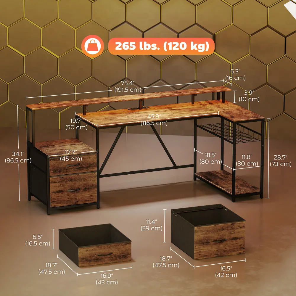 Bureau gaming 76" avec éclairage RGB, ports USB, support pour écran et 2 tiroirs en tissu, marron rustique Aosom