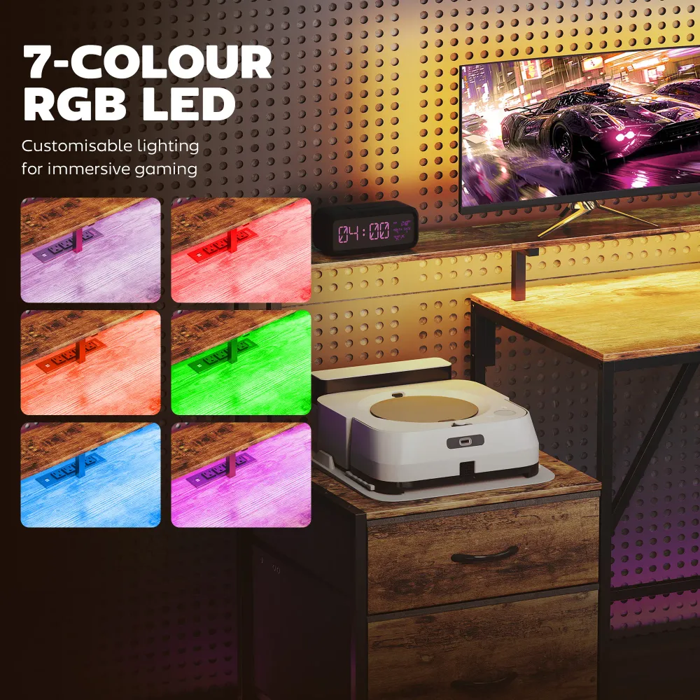 Bureau gaming 76" avec éclairage RGB, ports USB, support pour écran et 2 tiroirs en tissu, marron rustique Aosom