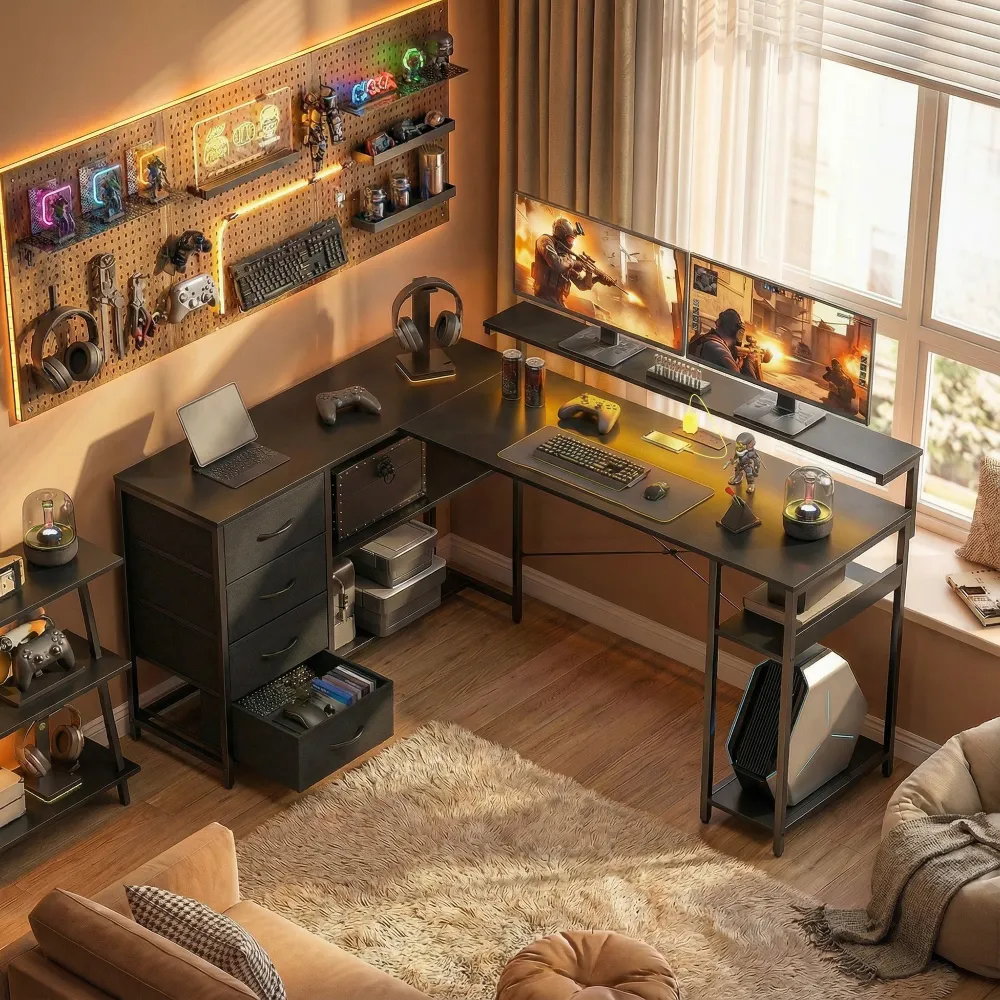Bureau gaming avec prises électriques, éclairage LED, tiroirs et support pour écran 61" noir Aosom