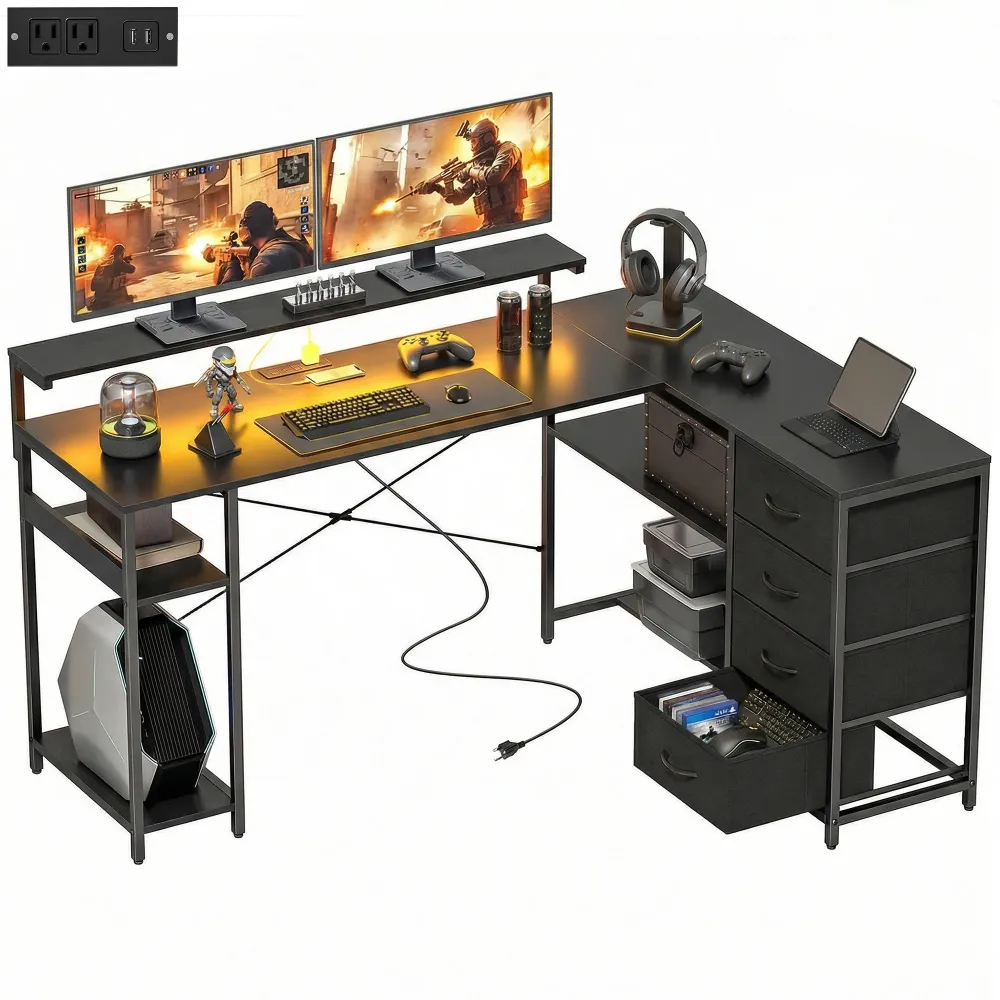 Bureau gaming avec prises électriques, éclairage LED, tiroirs et support pour écran 61" noir Aosom