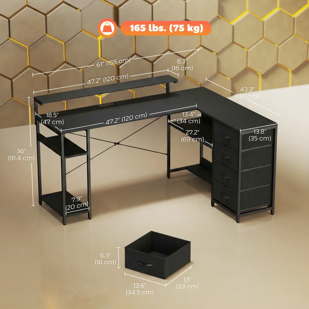 Bureau gaming avec prises électriques, éclairage LED, tiroirs et support pour écran 61" noir Aosom