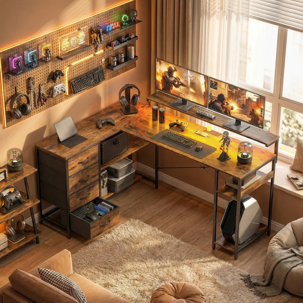 Bureau gaming avec prises électriques, éclairage LED, tiroirs et support pour écran 61" marron rustique Aosom