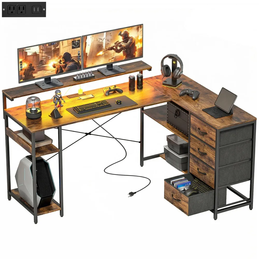 Bureau gaming avec prises électriques, éclairage LED, tiroirs et support pour écran 61" marron rustique Aosom