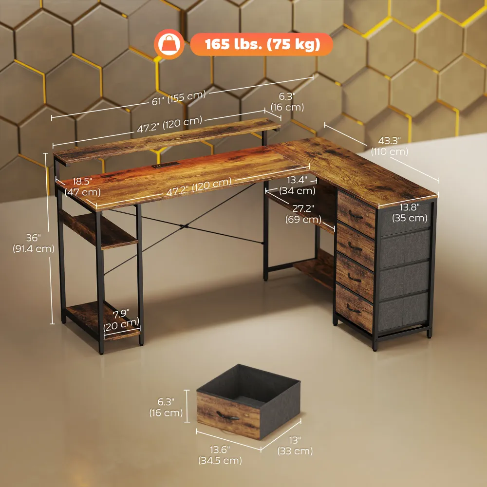 Bureau gaming avec prises électriques, éclairage LED, tiroirs et support pour écran 61" marron rustique Aosom