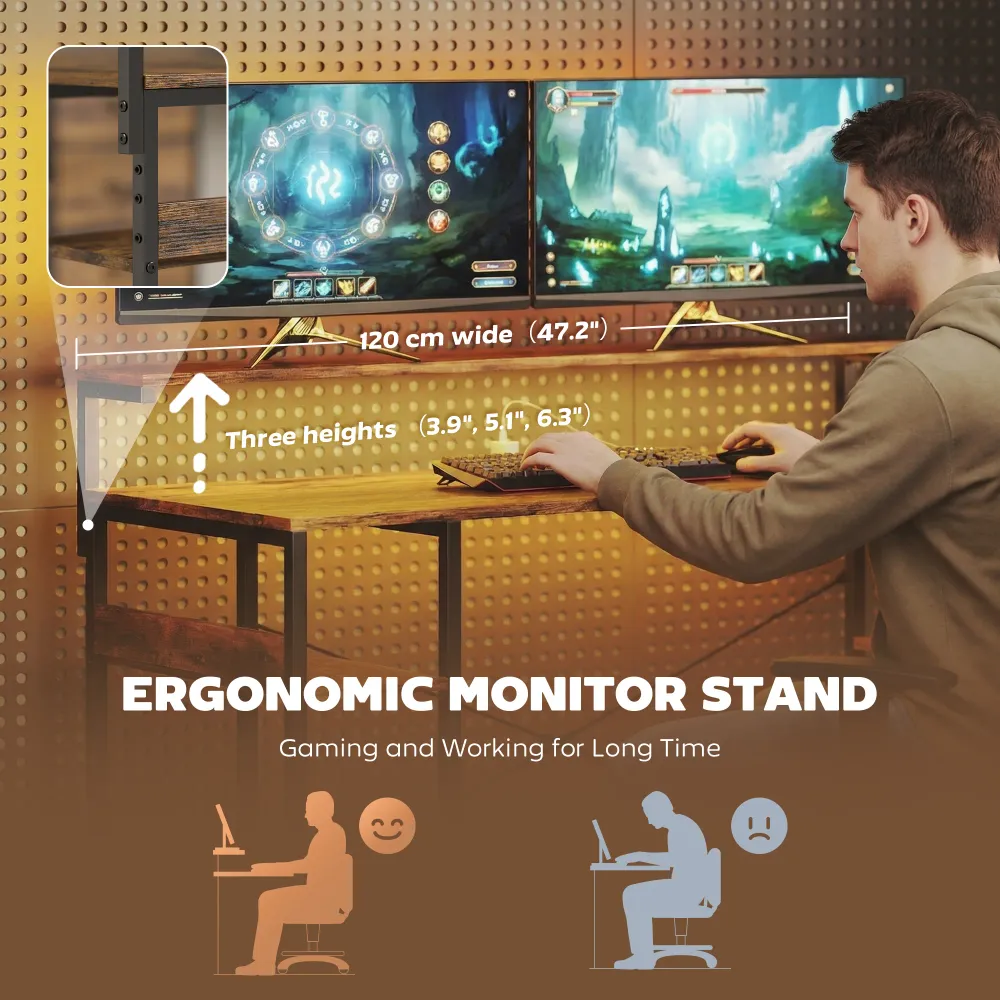 Bureau gaming avec prises électriques, éclairage LED, tiroirs et support pour écran 61" marron rustique Aosom