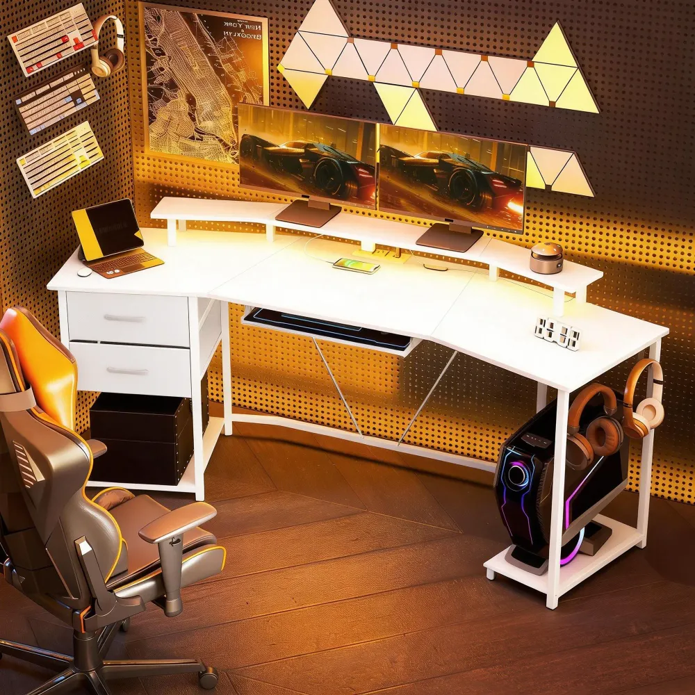 Bureau gaming 79 pouces, éclairage RGB avec prises électriques et ports USB, plateau pour clavier et 2 tiroirs, blanc Aosom
