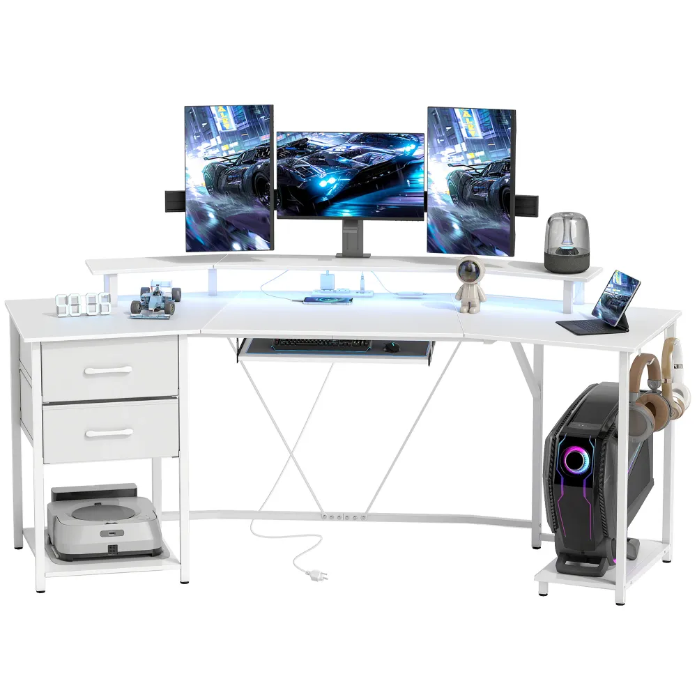 Bureau gaming 79 pouces, éclairage RGB avec prises électriques et ports USB, plateau pour clavier et 2 tiroirs, blanc Aosom