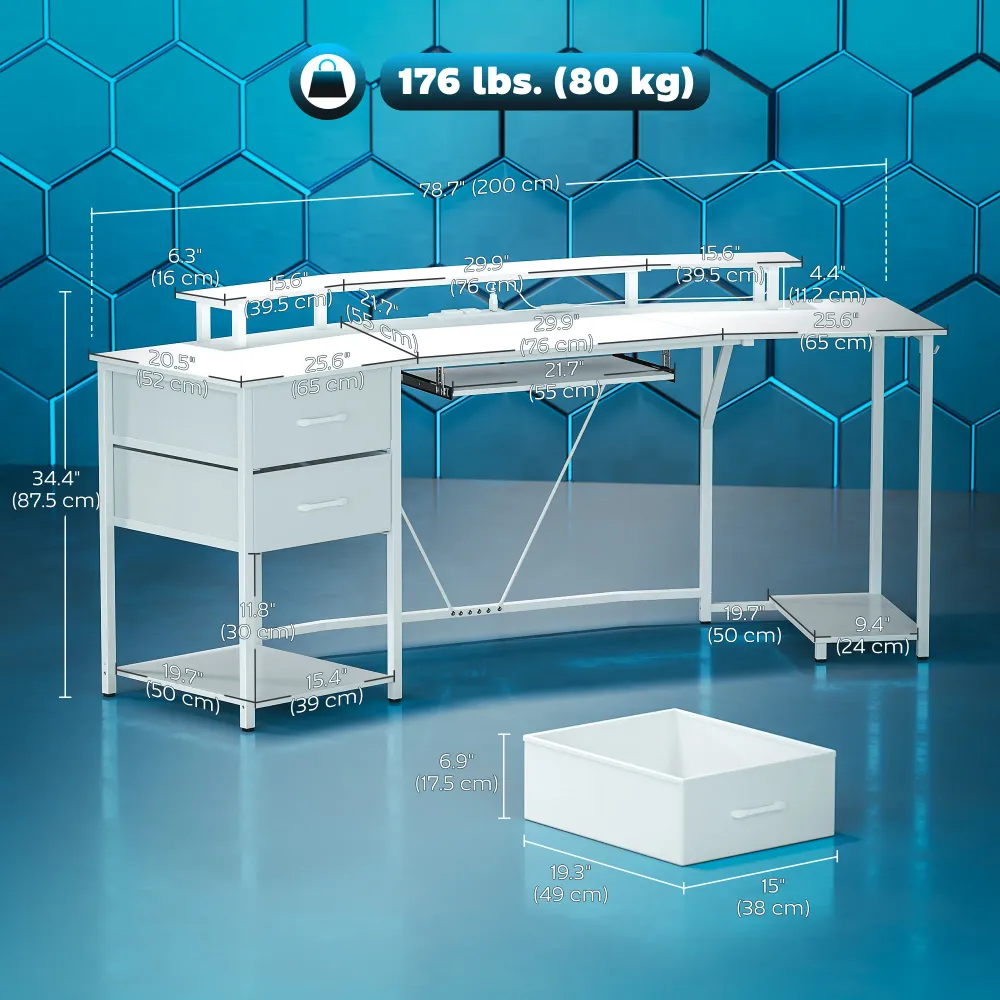 Bureau gaming 79 pouces, éclairage RGB avec prises électriques et ports USB, plateau pour clavier et 2 tiroirs, blanc Aosom
