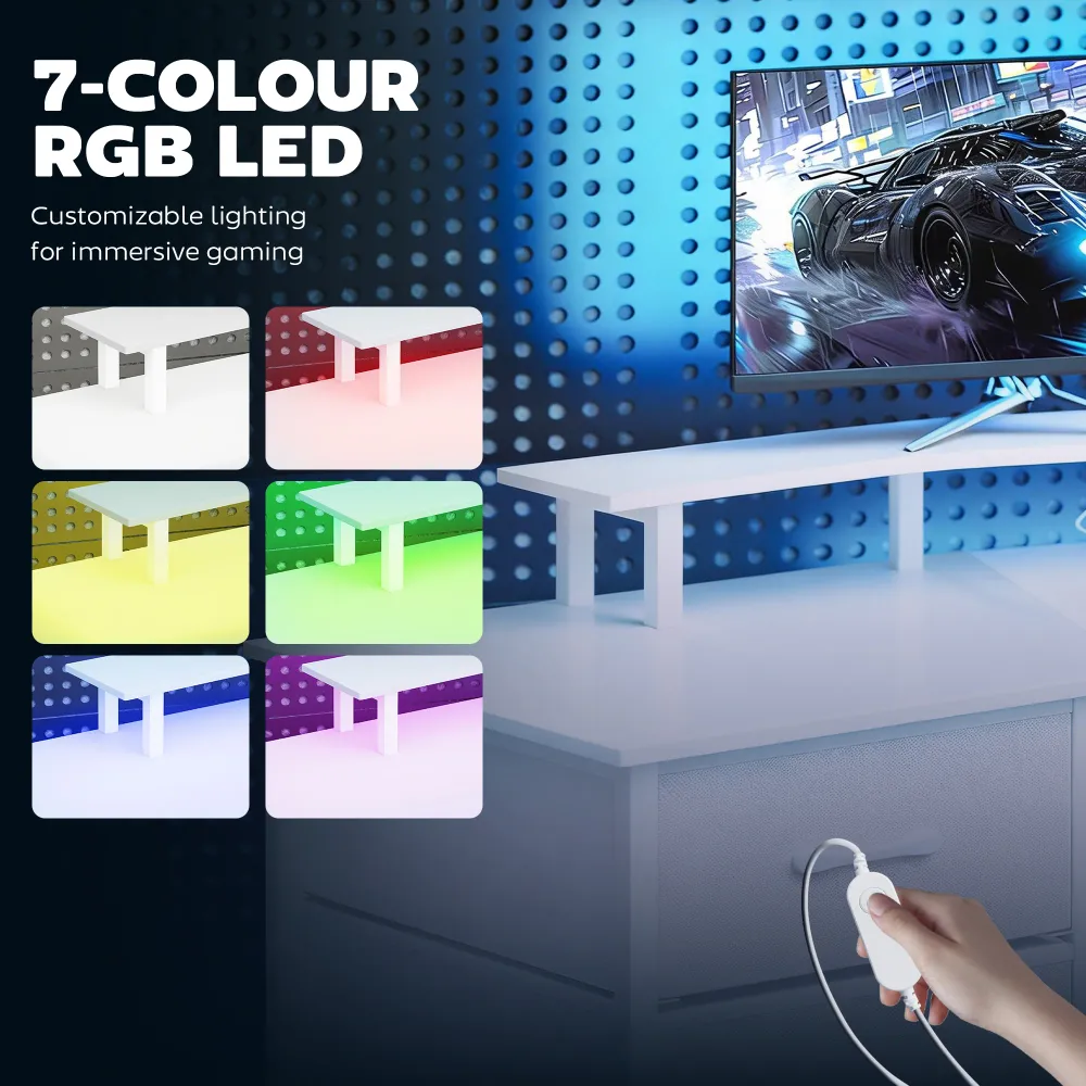 Bureau gaming 79 pouces, éclairage RGB avec prises électriques et ports USB, plateau pour clavier et 2 tiroirs, blanc Aosom
