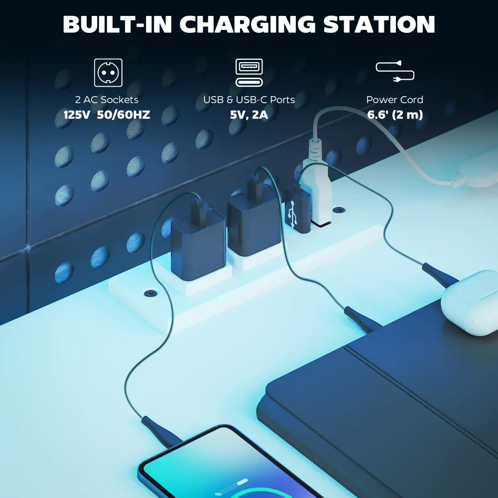 Bureau gaming 79 pouces, éclairage RGB avec prises électriques et ports USB, plateau pour clavier et 2 tiroirs, blanc Aosom