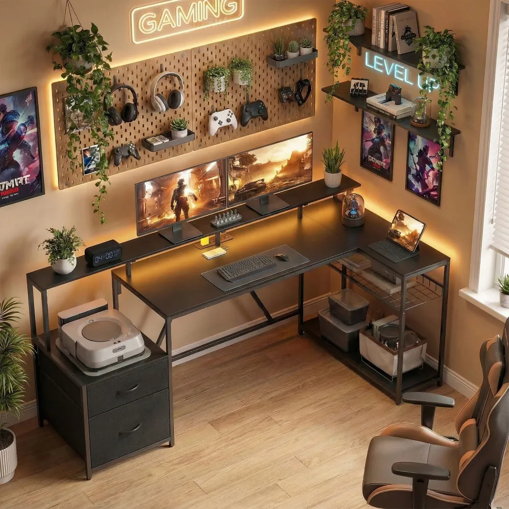 Bureau gaming de 76" réversible avec éclairage RGB, ports USB, support pour écran et 2 tiroirs en tissu, noir Aosom