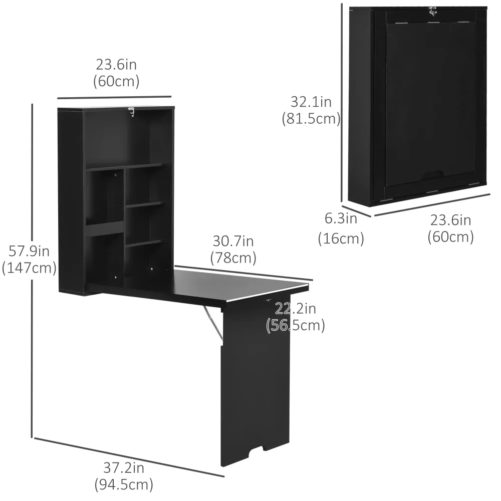 Bureau mural pliable et convertible multifonctionnel et peu encombrant, noir Aosom