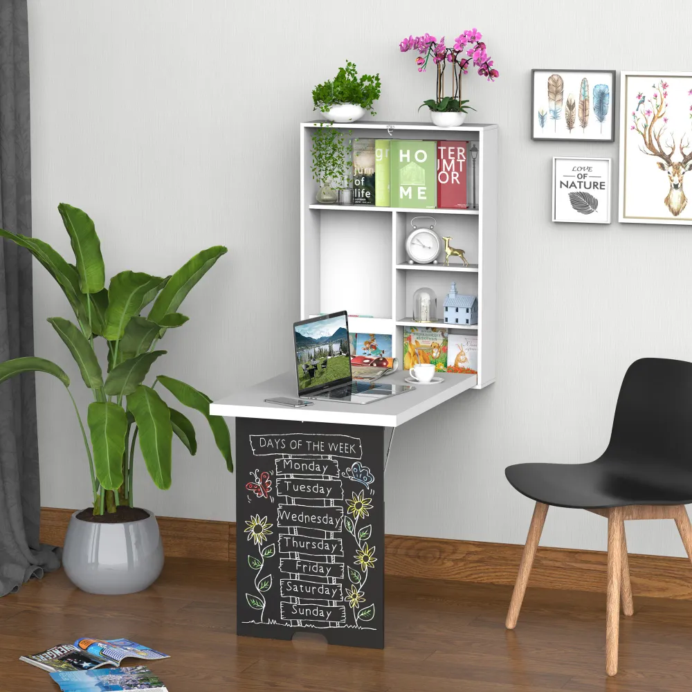 Bureau mural pliable et convertible multifonctionnel et peu encombrant, blanc et noir Aosom