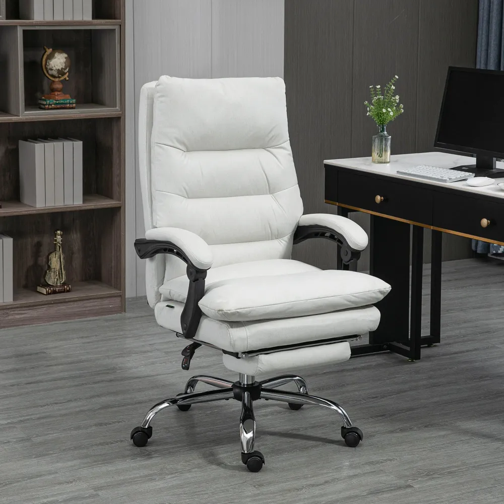 Fauteuil de bureau avec massage et chauffage en 6 points, inclinable en microfibre avec repose-pieds, blanc crème Aosom