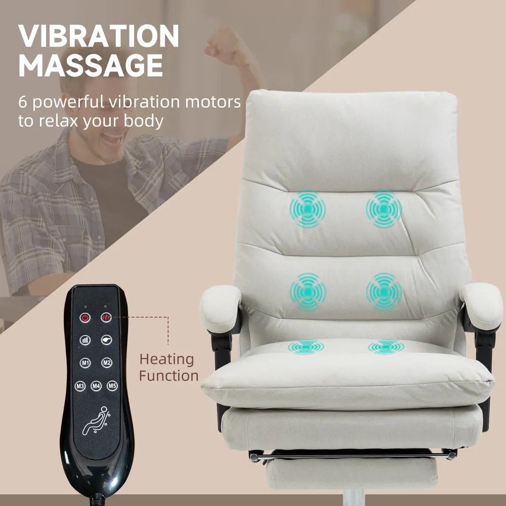 Fauteuil de bureau avec massage et chauffage en 6 points, inclinable en microfibre avec repose-pieds, blanc crème Aosom