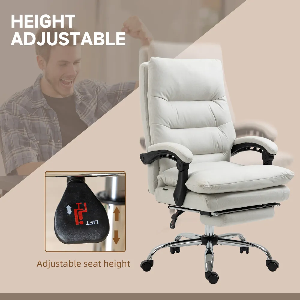 Fauteuil de bureau avec massage et chauffage en 6 points, inclinable en microfibre avec repose-pieds, blanc crème Aosom