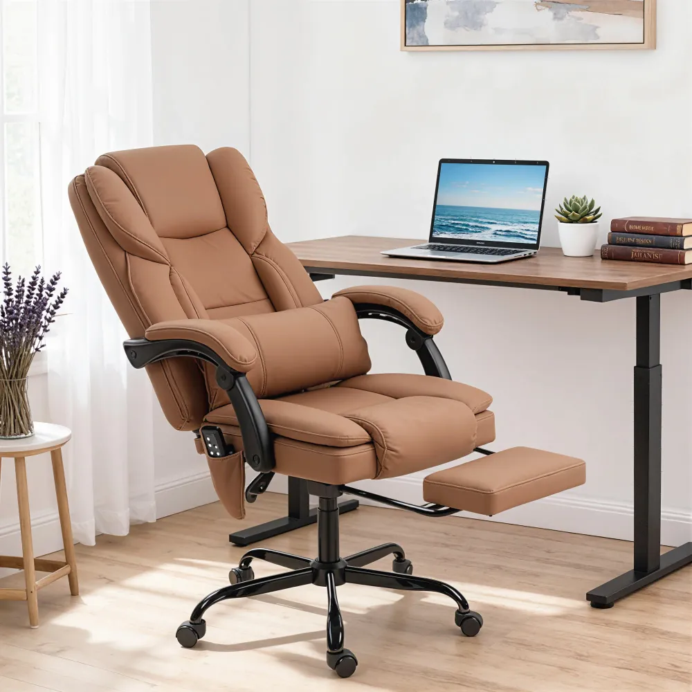 Fauteuil de bureau avec massage, inclinable en similicuir avec soutien lombaire et repose-pieds, marron Aosom