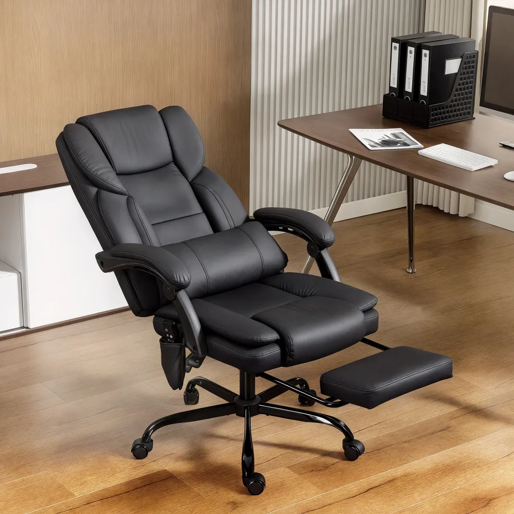 Fauteuil de bureau avec massage en similicuir avec soutien lombaire et repose-pieds, noir Aosom
