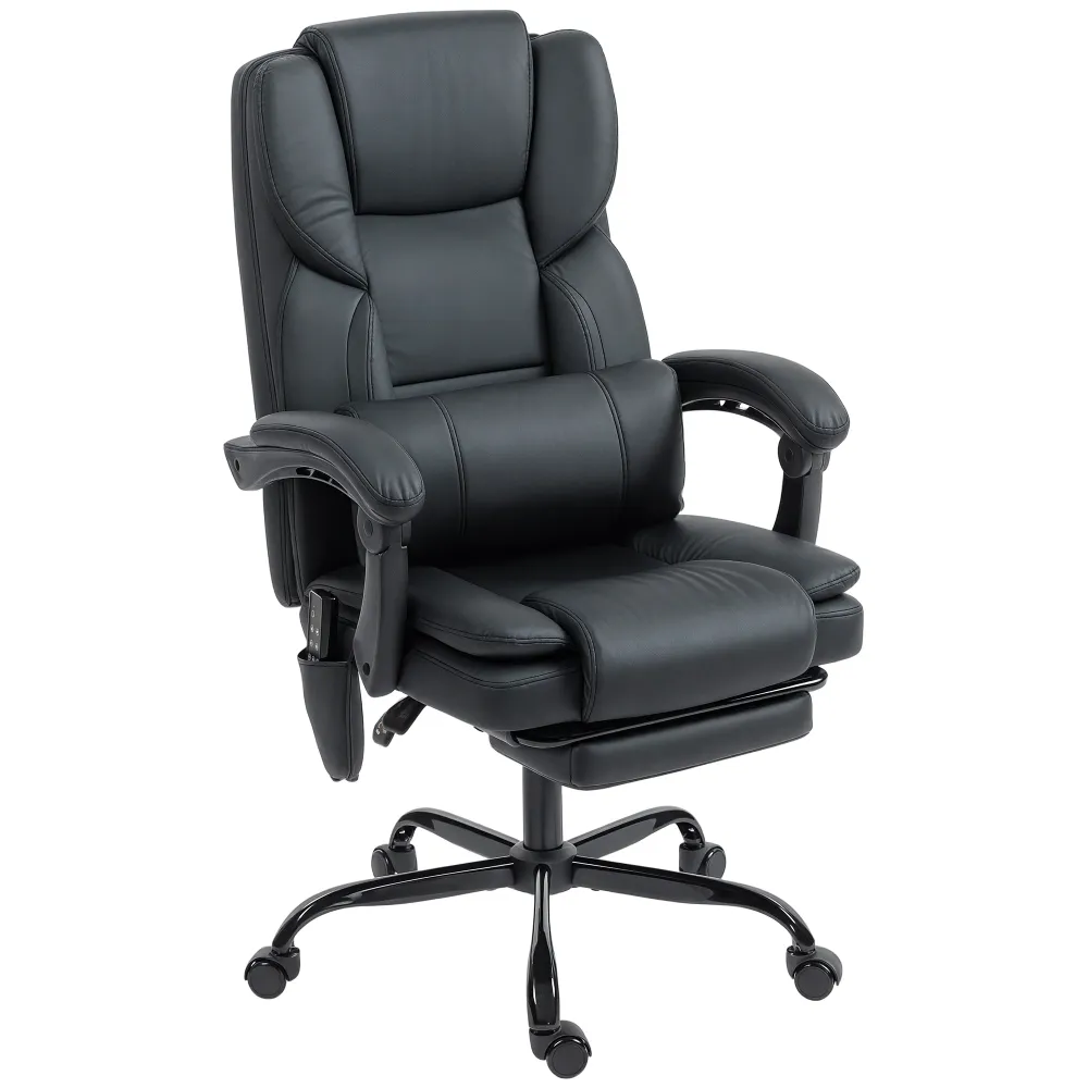 Fauteuil de bureau avec massage en similicuir avec soutien lombaire et repose-pieds, noir Aosom