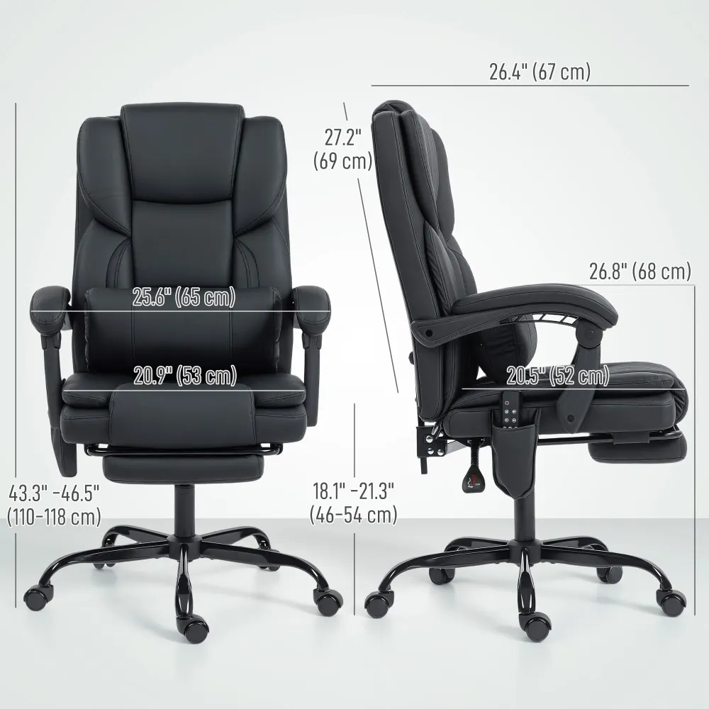 Fauteuil de bureau avec massage en similicuir avec soutien lombaire et repose-pieds, noir Aosom