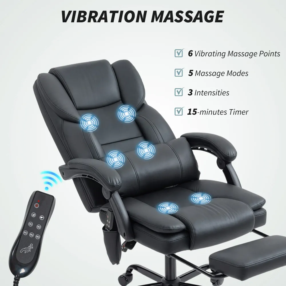 Fauteuil de bureau avec massage en similicuir avec soutien lombaire et repose-pieds, noir Aosom