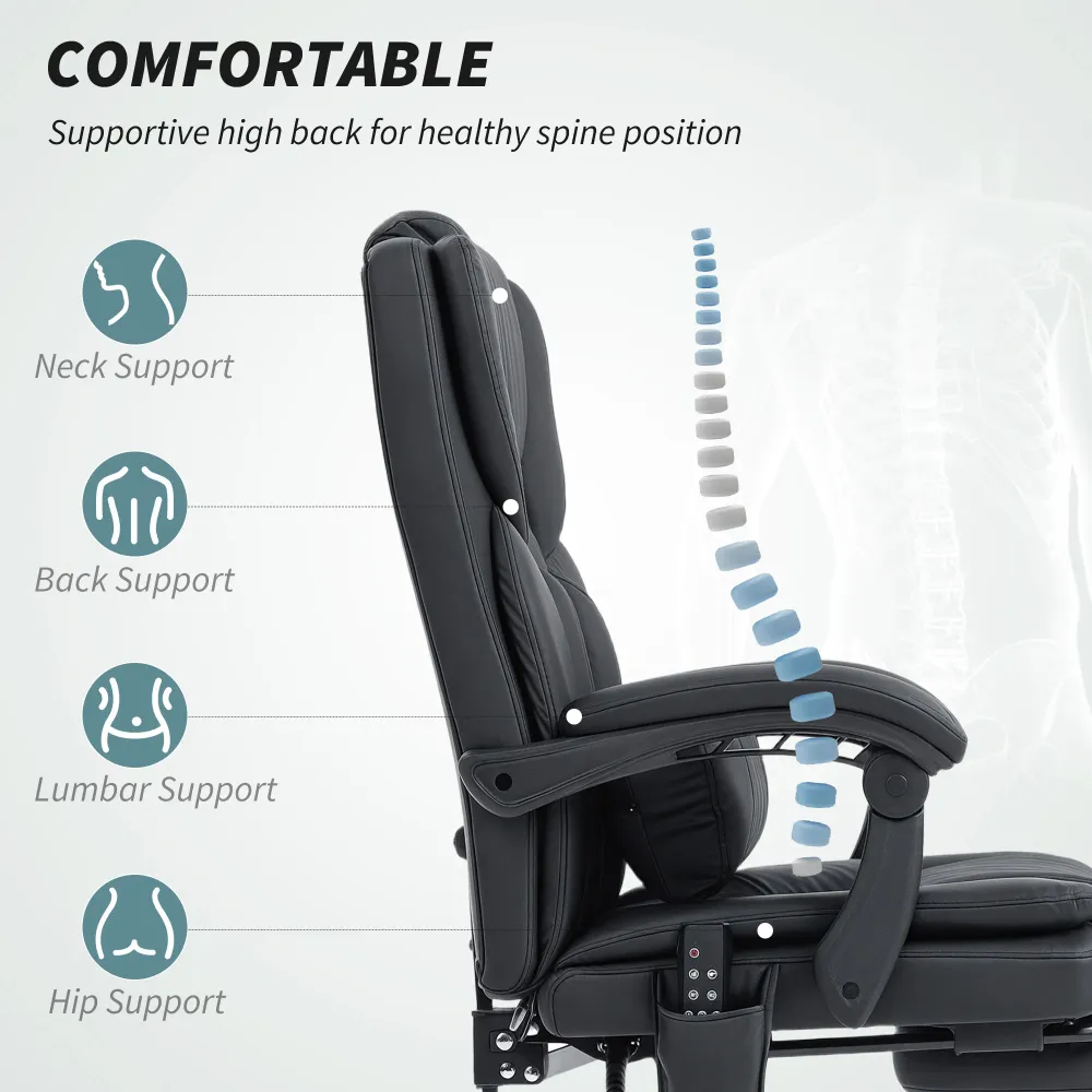Fauteuil de bureau avec massage en similicuir avec soutien lombaire et repose-pieds, noir Aosom