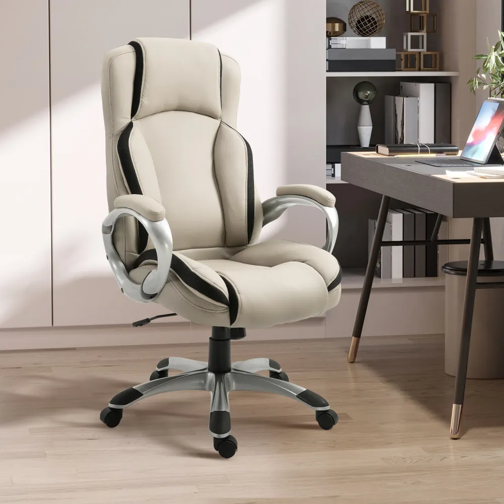 Fauteuil de bureau en cuir PU ergonomique, beige et noir Aosom