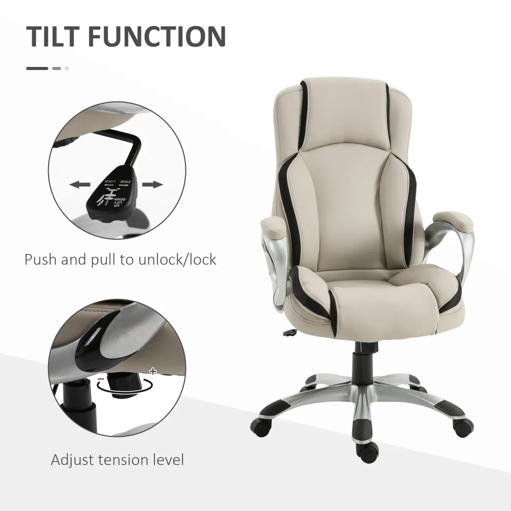 Fauteuil de bureau en cuir PU ergonomique, beige et noir Aosom
