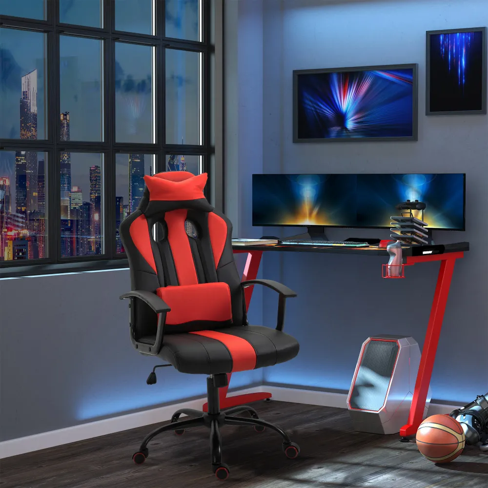Fauteuil de bureau en cuir PU, pivotant, avec soutien lombaire et coussin, rouge. Aosom