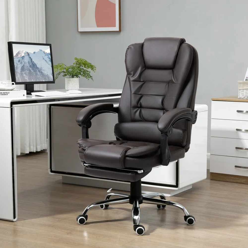 Fauteuil de bureau à dossier haut en cuir PU avec repose-pieds, couleur café Aosom