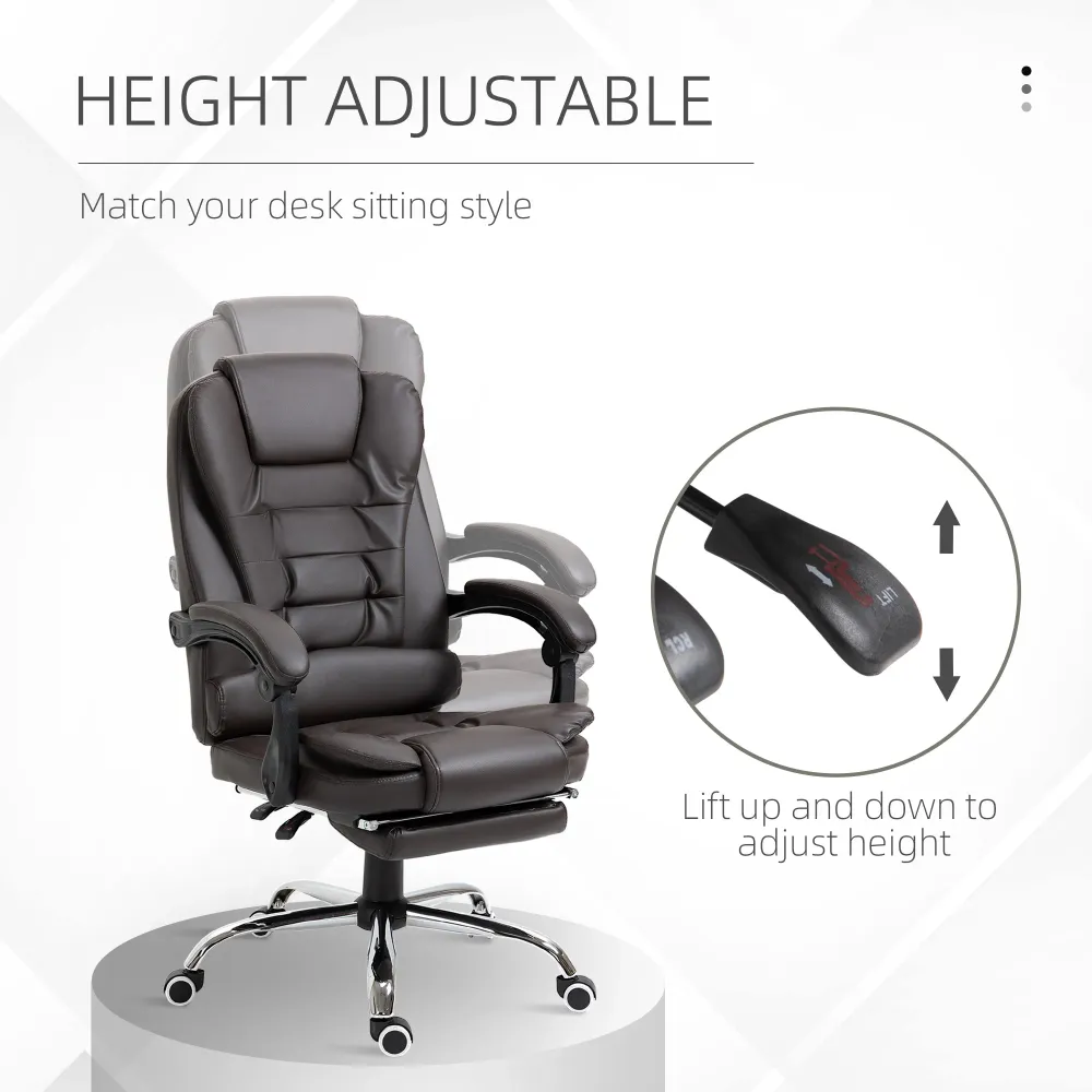 Fauteuil de bureau à dossier haut en cuir PU avec repose-pieds, couleur café Aosom