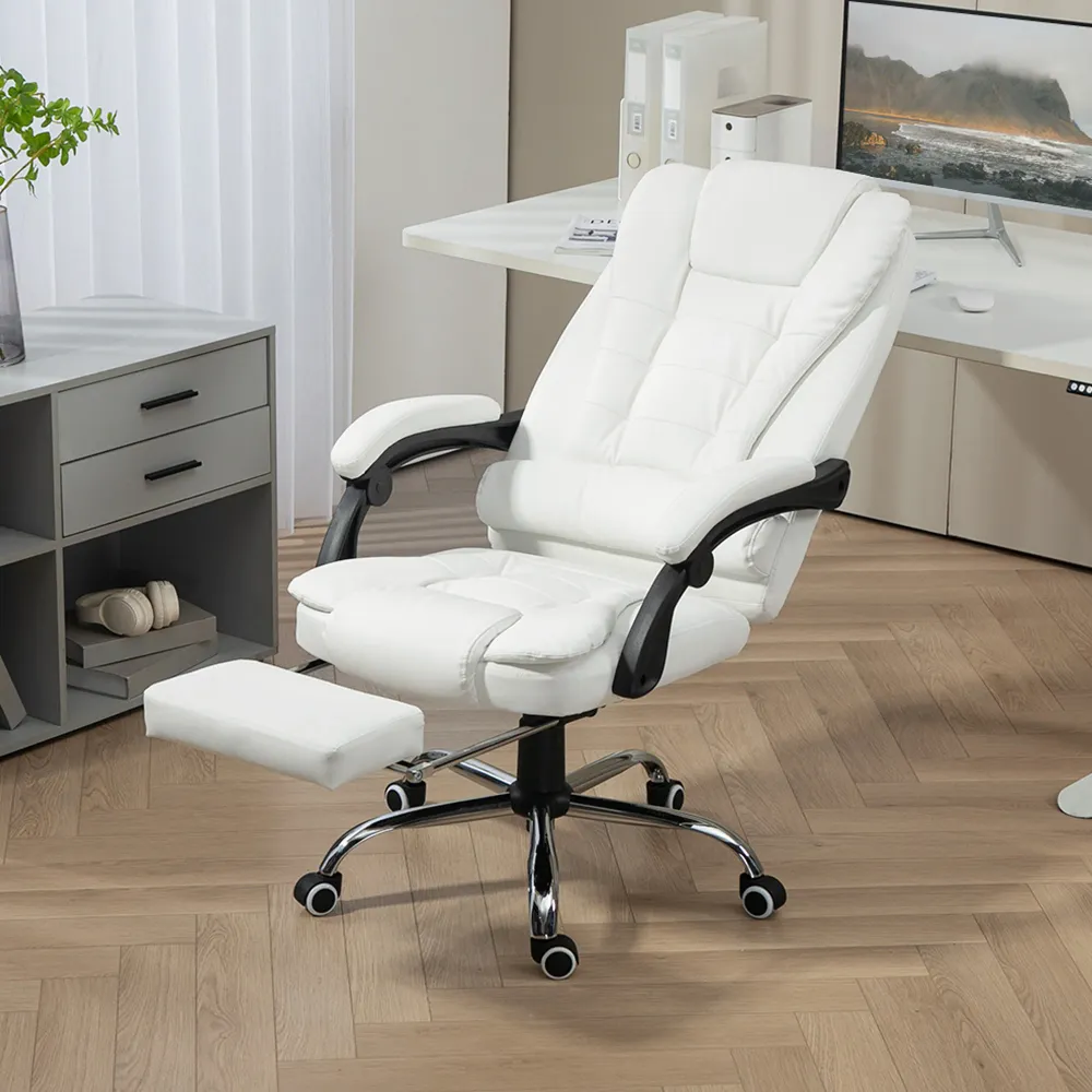 Fauteuil de bureau à dossier haut en cuir synthétique avec repose-pieds rétractable, blanche Aosom