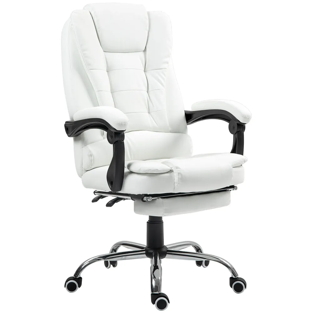 Fauteuil de bureau à dossier haut en cuir synthétique avec repose-pieds rétractable, blanche Aosom