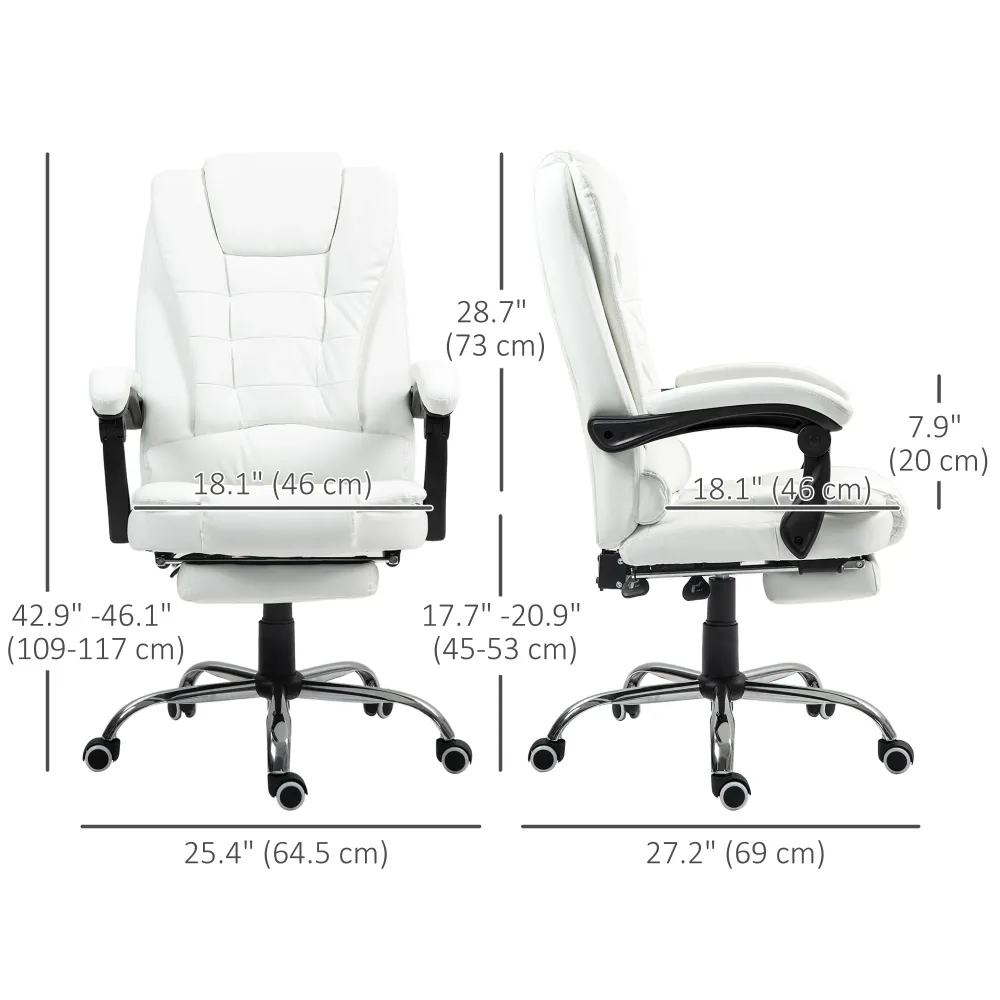 Fauteuil de bureau à dossier haut en cuir synthétique avec repose-pieds rétractable, blanche Aosom