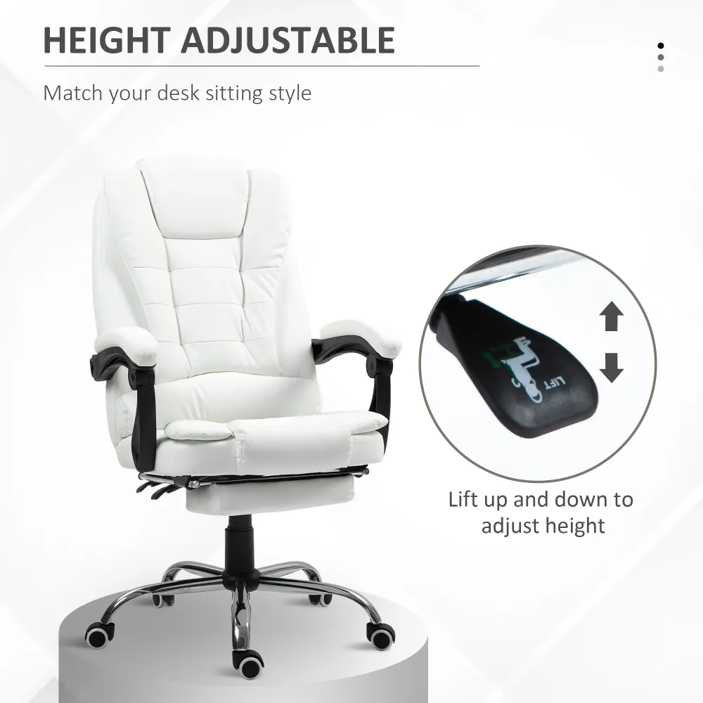 Fauteuil de bureau à dossier haut en cuir synthétique avec repose-pieds rétractable, blanche Aosom