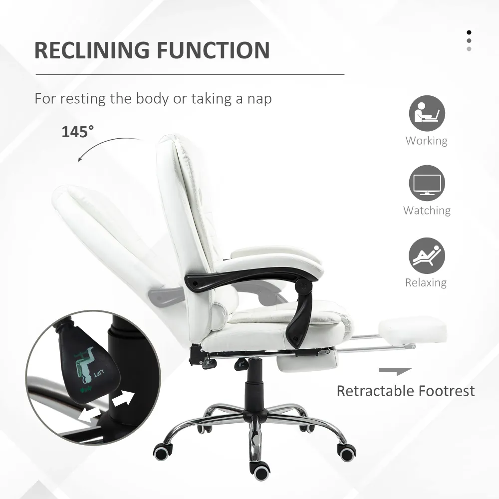 Fauteuil de bureau à dossier haut en cuir synthétique avec repose-pieds rétractable, blanche Aosom