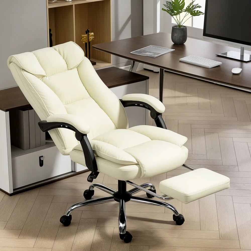 Fauteuil de bureau ergonomique en cuir avec repose-pieds, pivotant et inclinable, beige Aosom