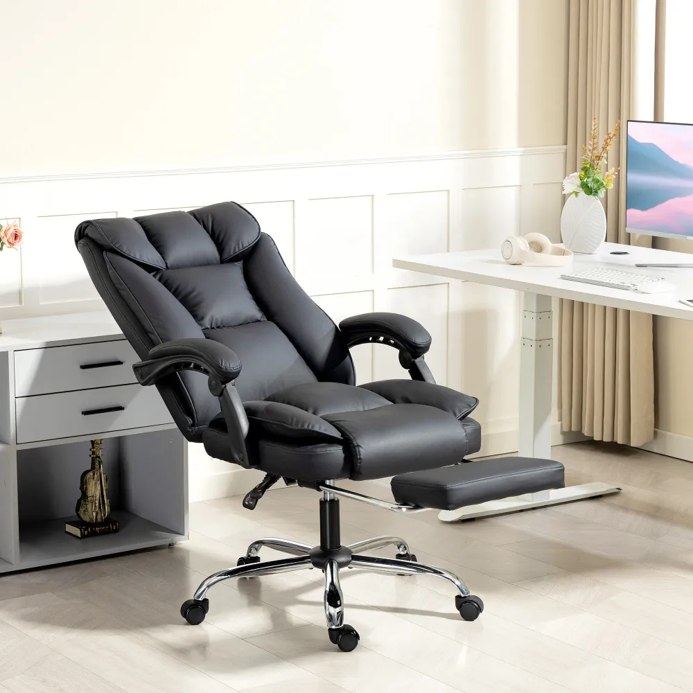 Fauteuil de bureau ergonomique en cuir avec repose-pieds, inclinable et pivotant, noir Aosom