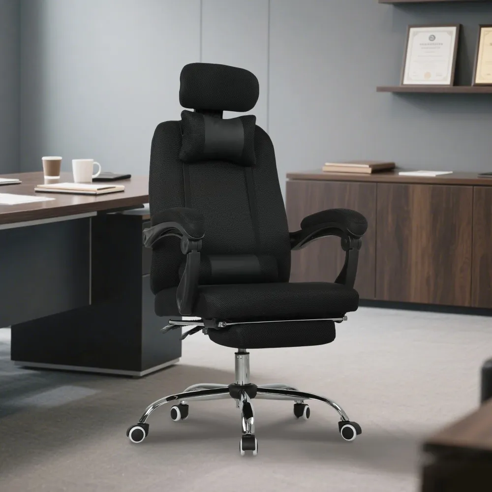 Fauteuil de bureau ergonomique à dossier haut avec repose-pieds et soutien lombaire, noir Aosom