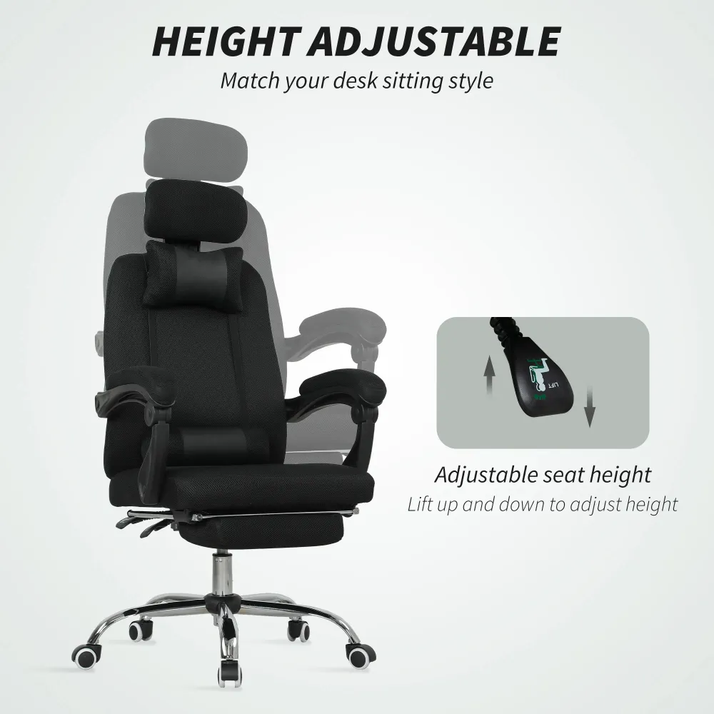 Fauteuil de bureau ergonomique à dossier haut avec repose-pieds et soutien lombaire, noir Aosom