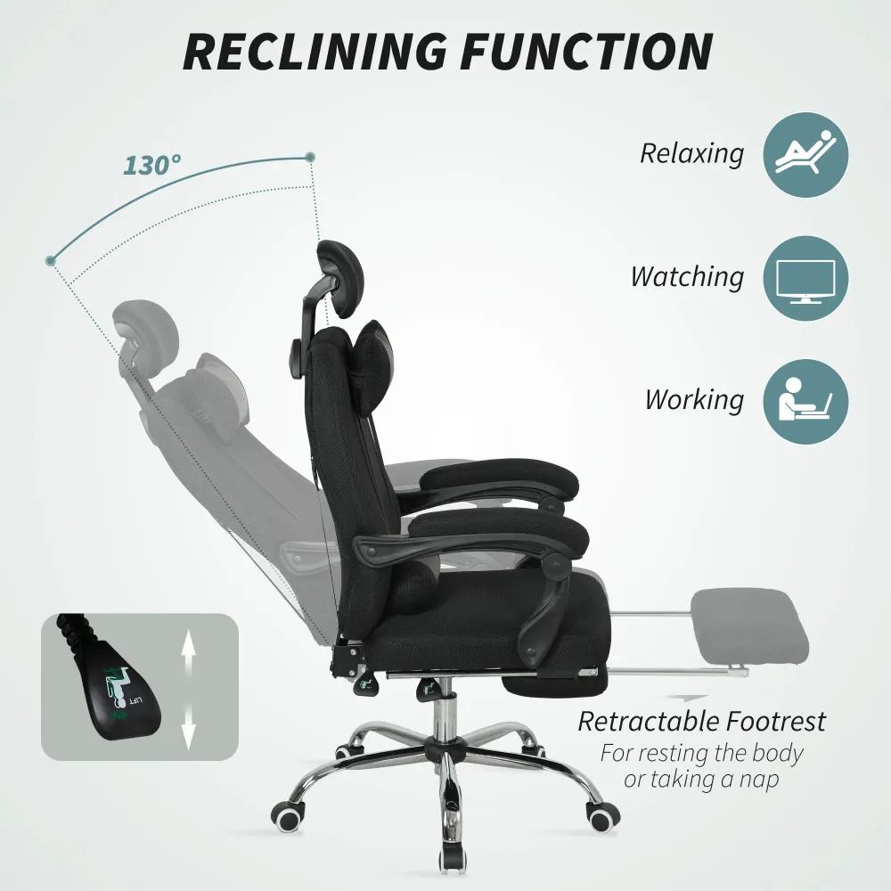 Fauteuil de bureau ergonomique à dossier haut avec repose-pieds et soutien lombaire, noir Aosom
