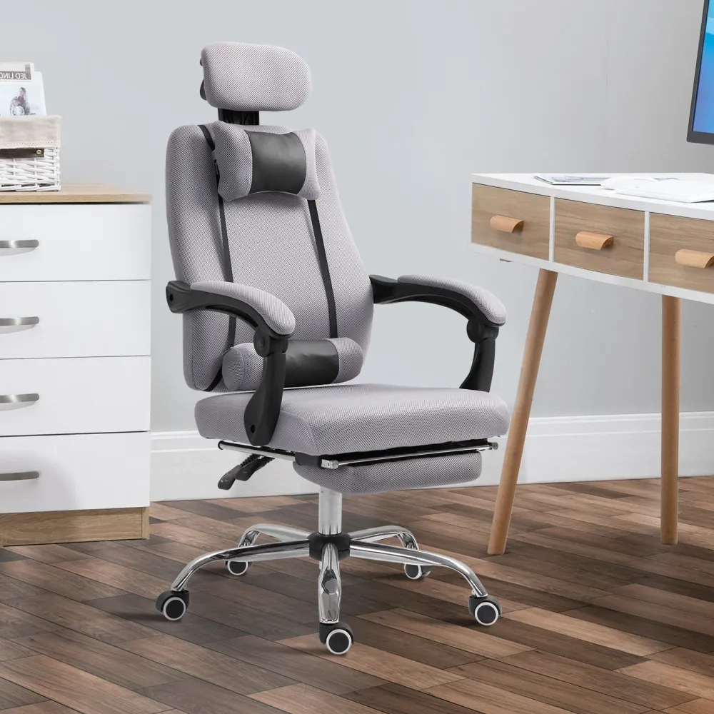 Fauteuil de bureau ergonomique à dossier haut avec repose-pieds et soutien lombaire, gris Aosom