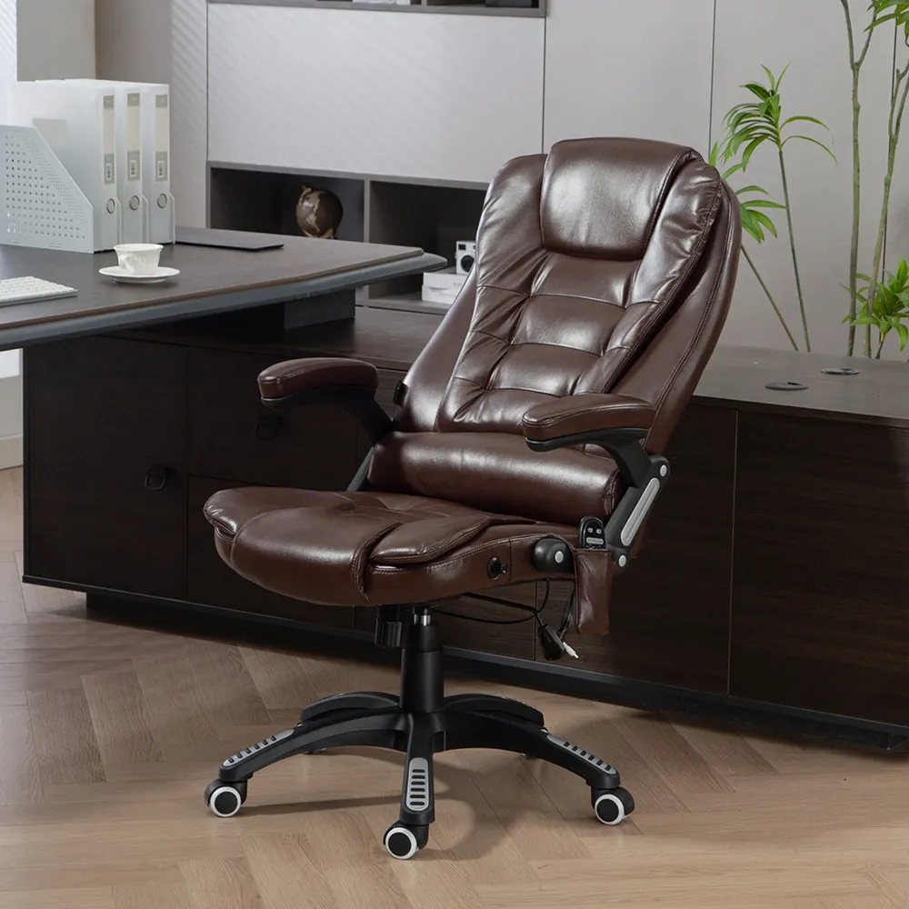 Fauteuil de bureau inclinable et massant avec dossier haut et roulettes pivotantes, marron foncé Aosom