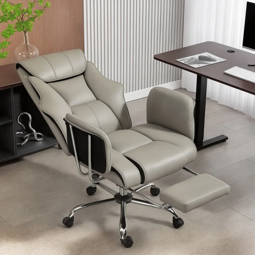 Fauteuil de bureau inclinable rembourré avec dossier haut, revêtement en similicuir, repose-pieds, roulettes pivotantes, g...
