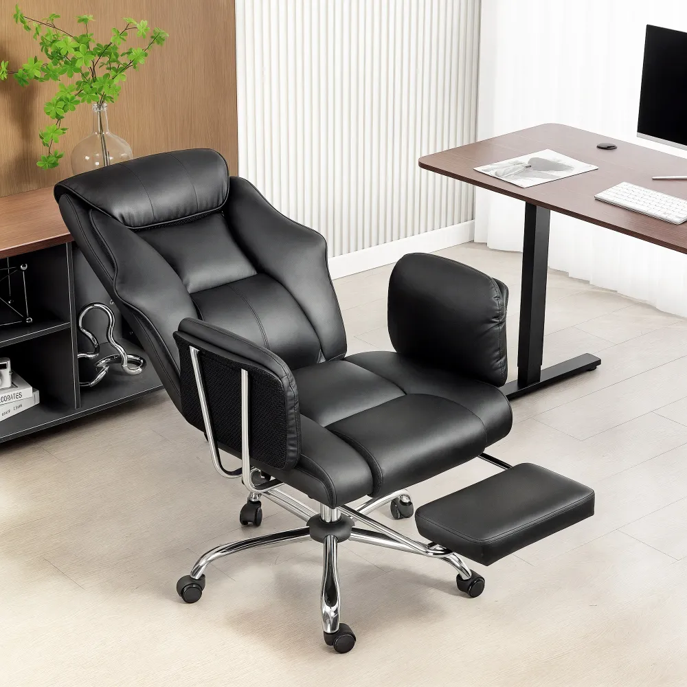 Fauteuil de bureau inclinable rembourré avec dossier haut, revêtement en similicuir, repose-pieds, roulettes pivotantes, n...