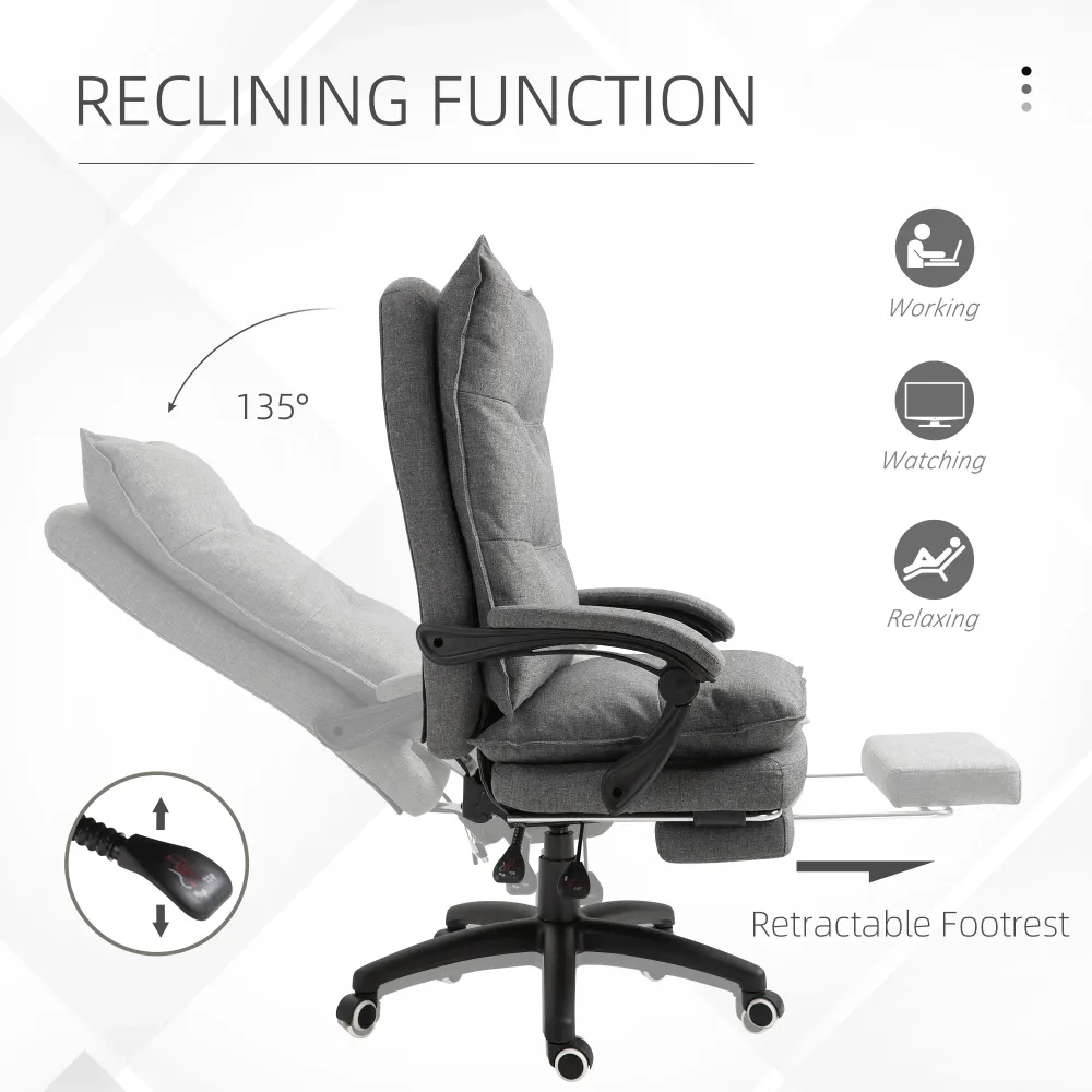 Fauteuil de bureau inclinable et réglable en hauteur avec repose-pieds rétractable, gris Aosom